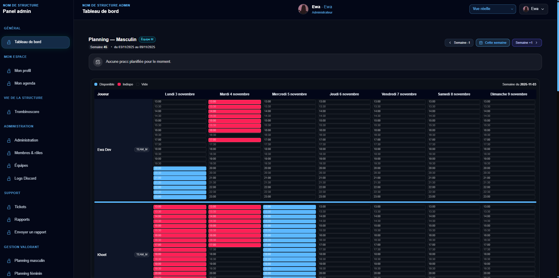 Planning des disponibilités